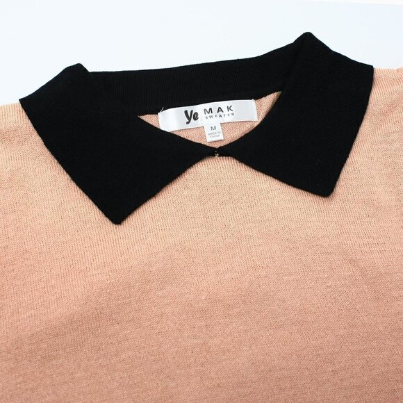 Peter Pan Collar Knit Top Tan and Black Short Sleeve Retro Style - Size Large - Picture 3 of 4